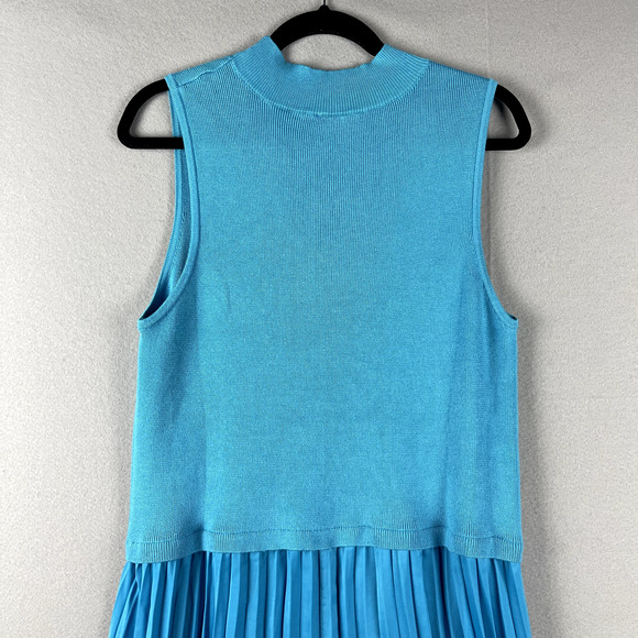 Avara Mixed Media Pleated Midi Dress Womens XL Blue Mock Neck Knit Satin Chic - Picture 11 of 15